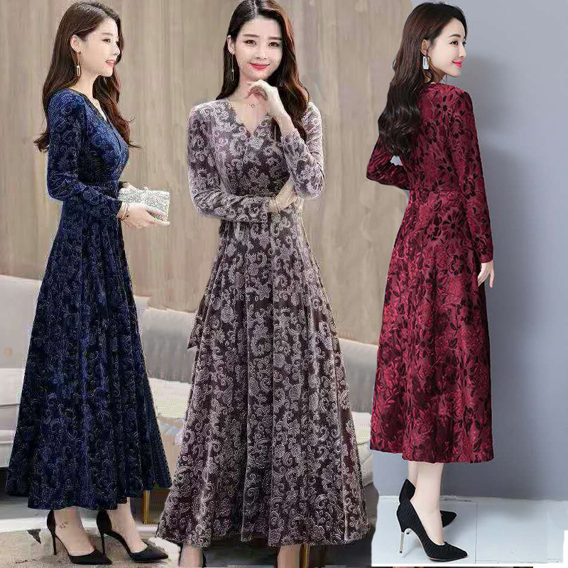 春秋复古提蕾绒厚旗袍连衣裙21新款修身晚礼服长大摆旗袍颔袖宾馆