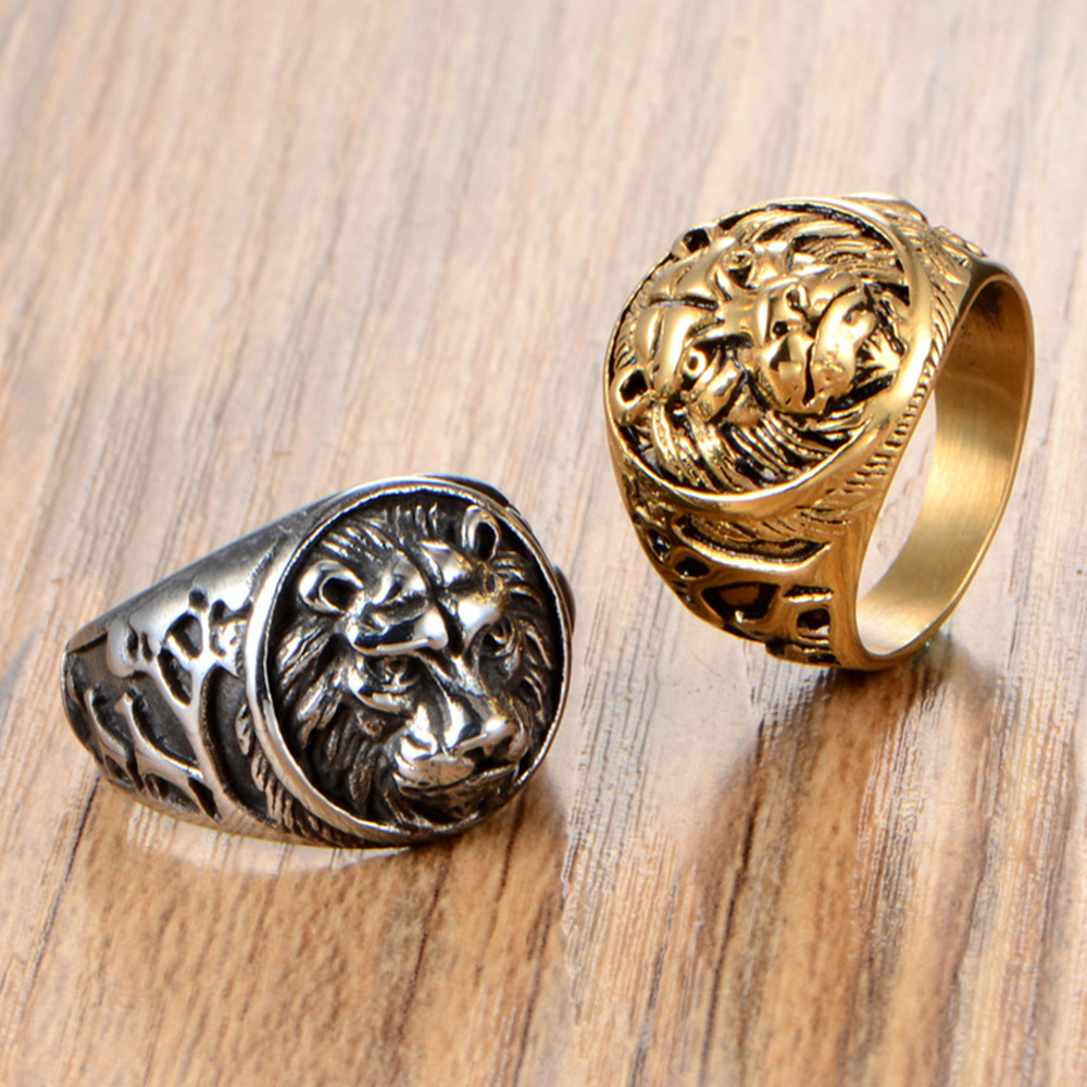 Rings Classification 14, 6 Ring Size Punk Lion Titanium Steel Inlay Zircon 18K Gold Plated Men'S Rings