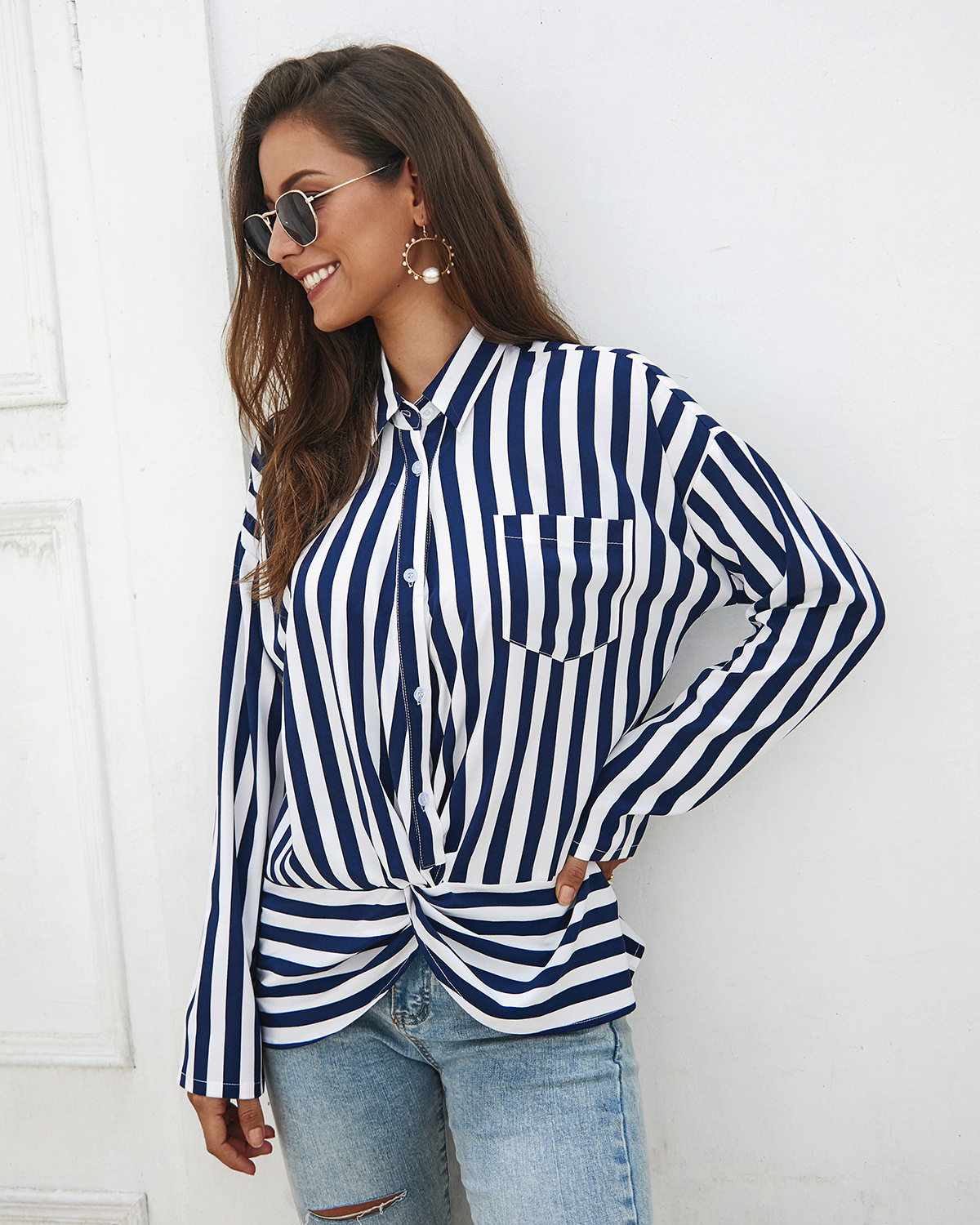 autumn and winter long-sleeved striped chiffon shirt NSDY8280