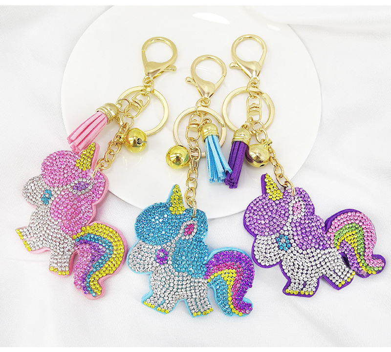 Cartoon Unicorn Korean Velvet Hot Rhinestone Girls Bag Tassel Ornaments Hot-saling Keychain display picture 7