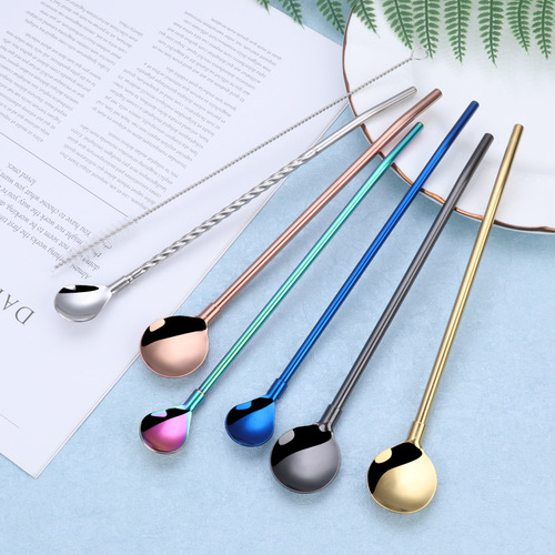 Cross-border 304 stainless steel color straw spoon set mate tea filter straw spoon drink with straw watermelon spoon
