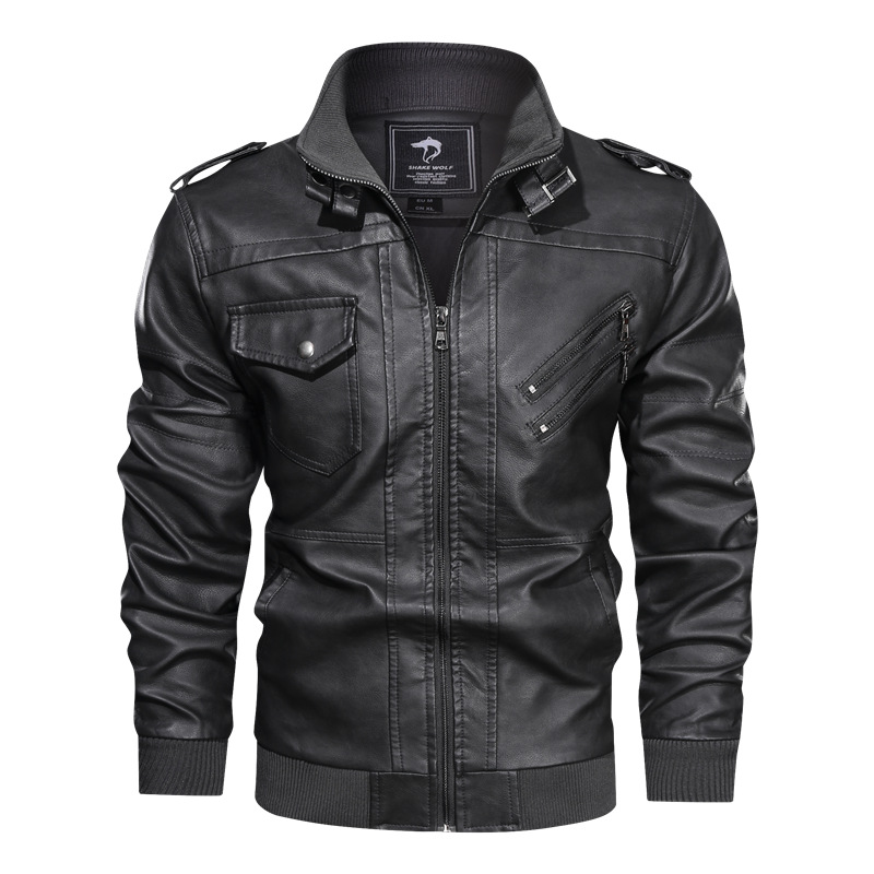 Herrenbekleidung Stehkragen PU-Lederjacke_voghion.com