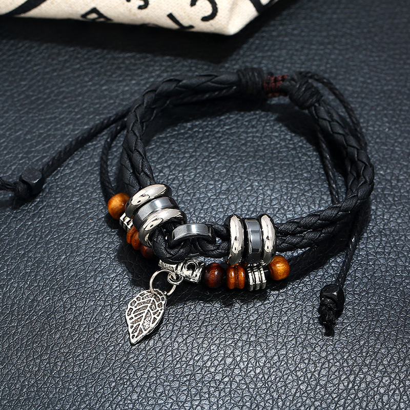 Fashion Multi-layer Woven Leaf Pendant Menu0027s Leather Bracelet
