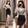 Bead patchwork deep V-neck hollowed out hip wrap dress