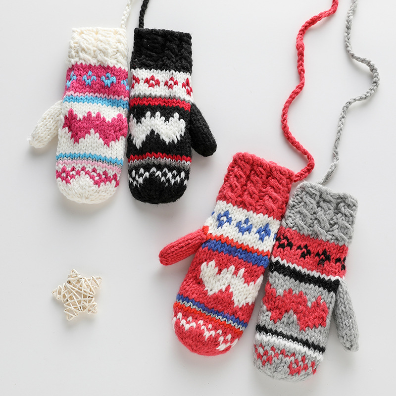 韩版秋冬季可爱卡通儿童学生女士粗毛线连指手套加厚加绒手套包邮