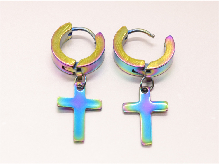 嘻哈风圆形男士耳钉耳坠 防掉色不锈钢十字架耳环
