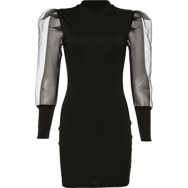 Women’s slim fitting mesh sleeve Hip Wrap black skirt elastic half high collar French dress