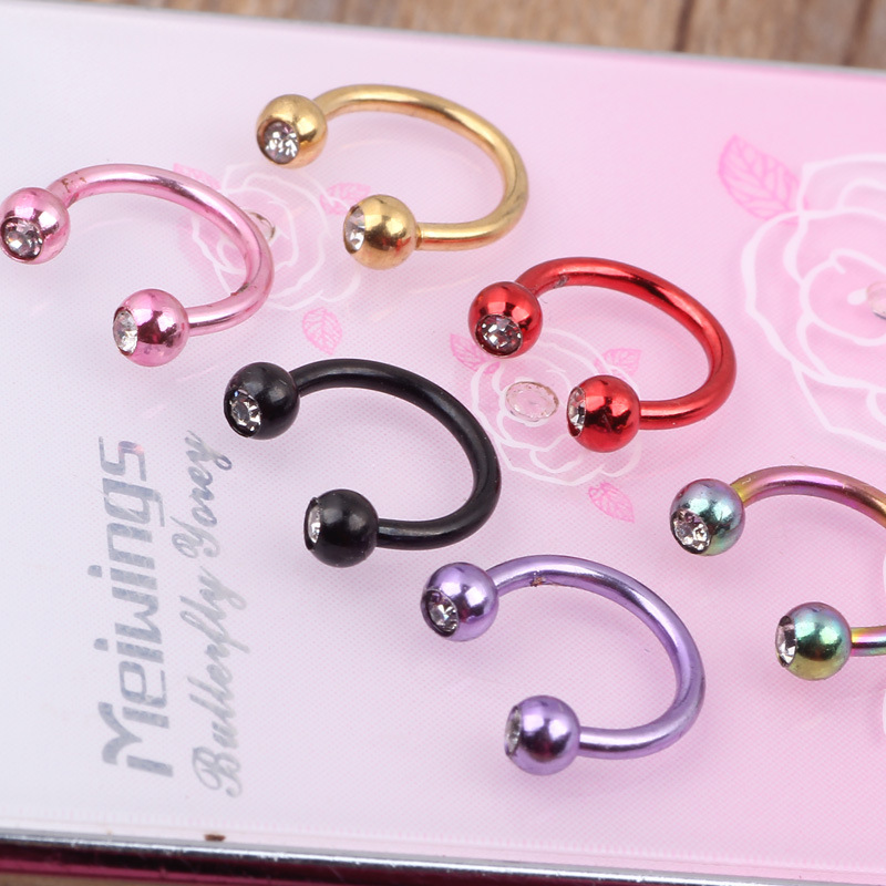 Titanium Steel C Shaped Nose Ring - European & American Fashion Nose Stud Piercing Jewelry in Pink Diamond Design detail image 11