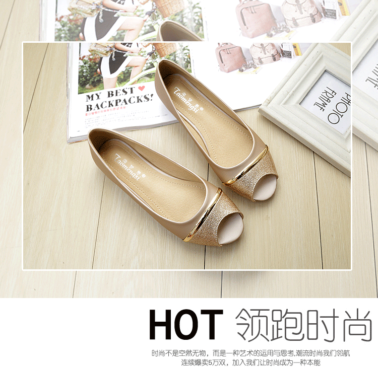 Giày bệt nữ mũi cá peep-toe đế chống trơn, kiểu Hàn, gót thấp 1–3 cm — Màu trắng, Màu đen, Vàng địa phương chi tiết 12
