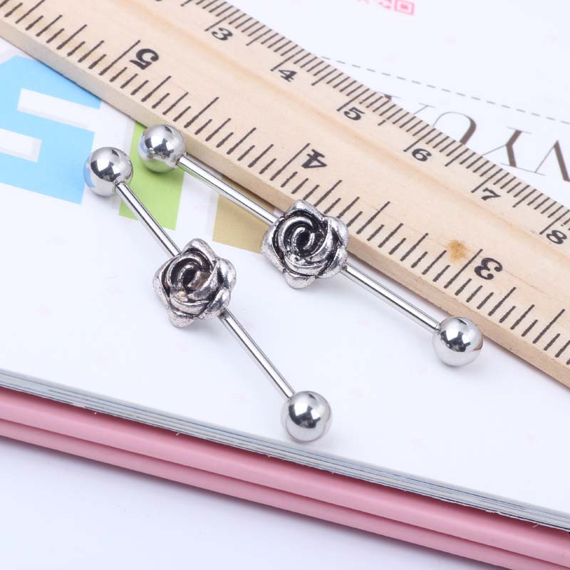 Vintage Flower Long Rod Industrial Ear Studs 316L Surgical Steel Piercing Jewelry Unisex detail image 10