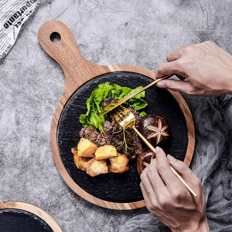 Lychee Sea Acacia Wood Pizza Plate Black Western Food Plate with Handle Wooden Round Barbecue Sushi Steak Tray
