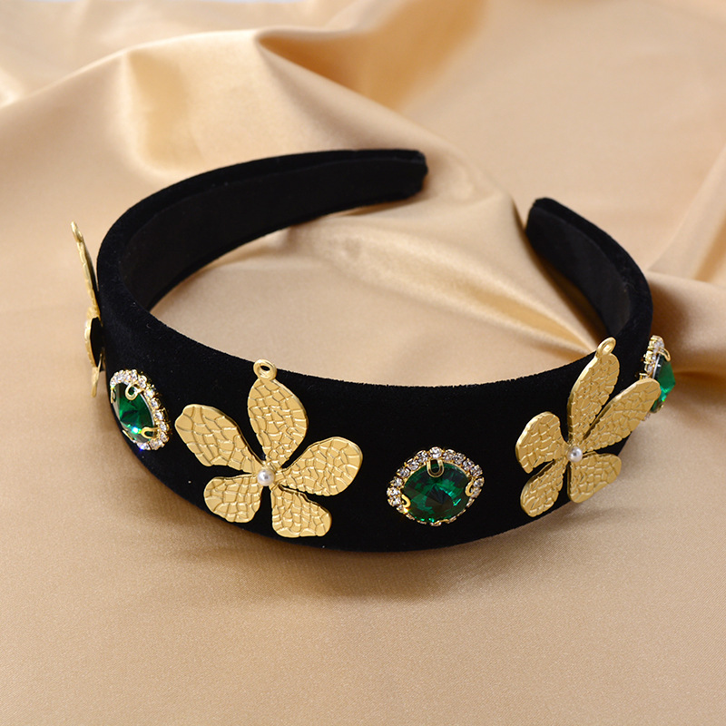 Plaid, Flower Pattern Baroque Leaves Gold Velvet Headband Emerald Crystal Thick Sponge Shape Catwalk Hairpin