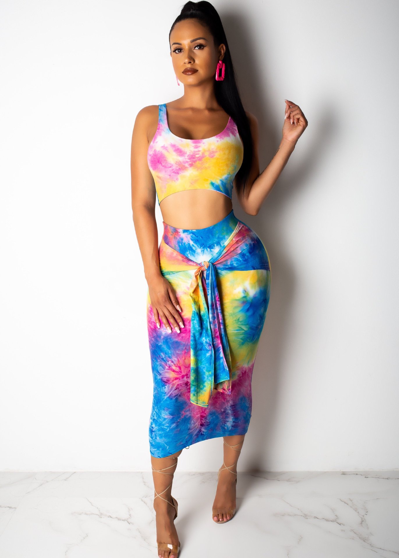 Sexy Tie-Dye Sleeveless Vest Long Skirt Suit 2 Piece Set NSSJW63017