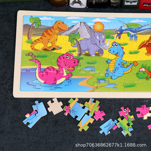 96-piece wooden puzzle with log frame, children's animal cartoon plane puzzle, early education and environmentally friendly wooden toys