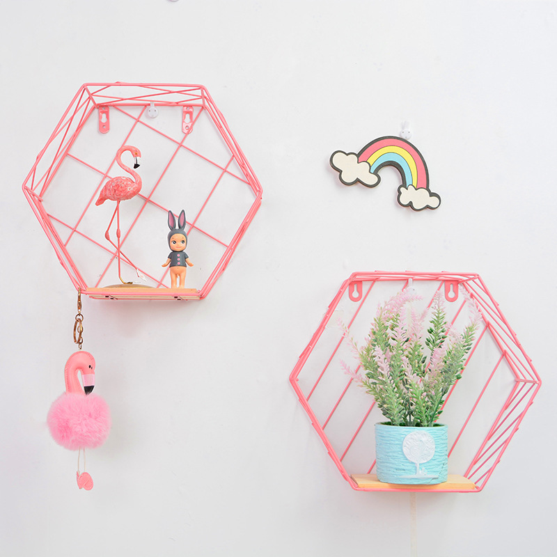 厂家定制北欧风创意简约粉色网红铁艺六边装饰墙上置物架房间布置|ms