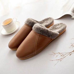 Cowhide Warm Cotton Slippers Winter Men's and Women's Home Household Indoor Floor Leather Slippers Couple Thick Bottom Waterproof Home