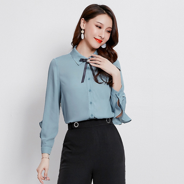 women’s shirt Lapel small crowd design nail pearl chiffon shirt 