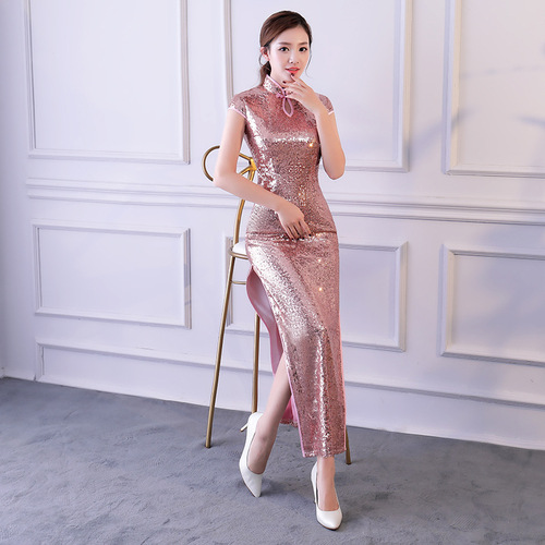 Women stage performance Sequin long qipao dresses stage cheongsam show miss etiquette chinese dresses