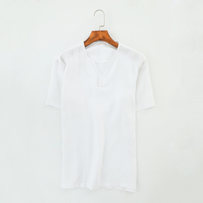 麻客 19年春夏季新款 亚麻短袖男 小清新 时尚Y领套头麻衬衫 B021|ms