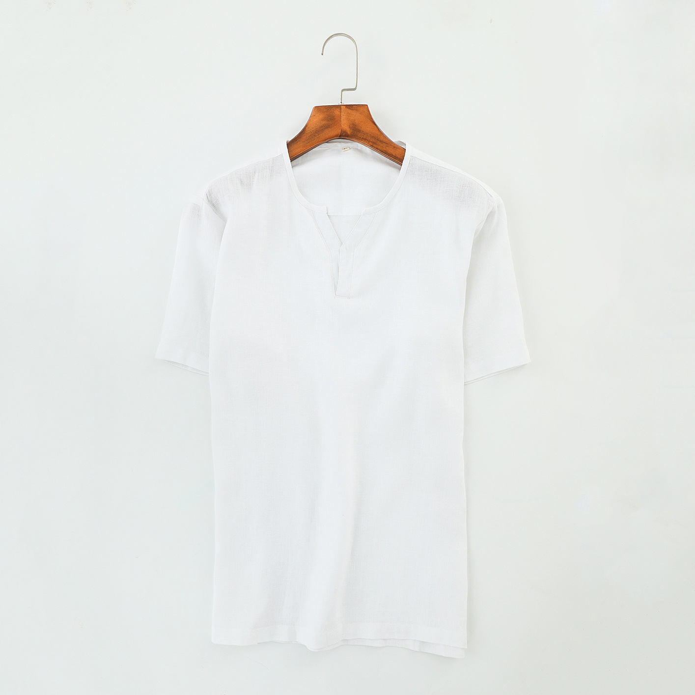 麻客 19年春夏季新款 亚麻短袖男 小清新 时尚Y领套头麻衬衫 B021|ms