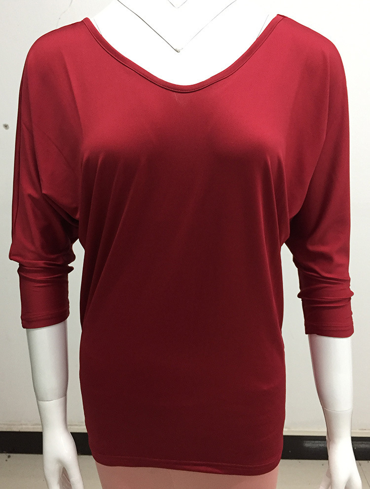 Fashion Solid Color Polyester V Neck 3/4 Length Sleeve Batwing Sleeve Button T-shirt display picture 3