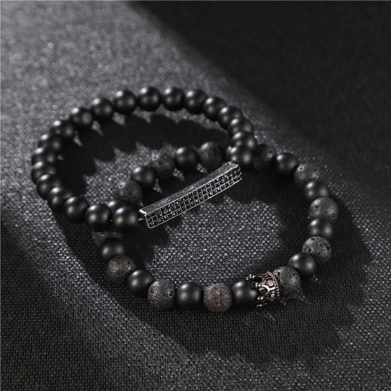 Fashion natural stone black frosted lava mixed crown long stretch bracelet setpicture5
