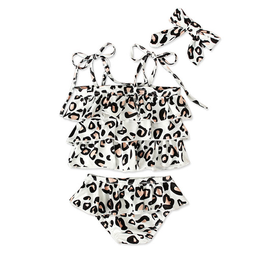 Children's European and American style summer girls' trendy white-based leopard print swimsuit + headscarf two-piece children's clothing set, Instagram style