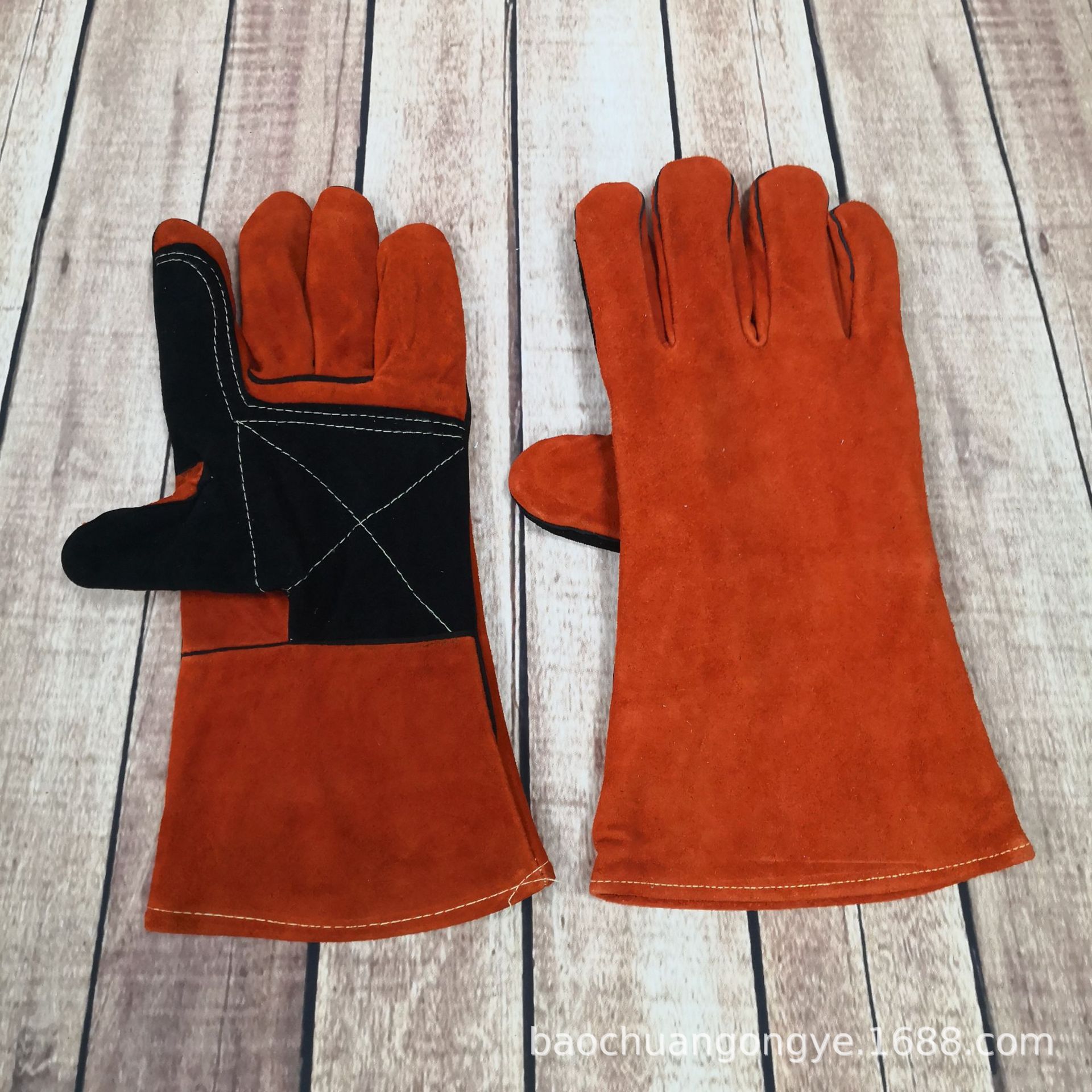 批发欧美红色牛皮双层焊工耐磨隔热电焊手套 焊接皮劳保手套
