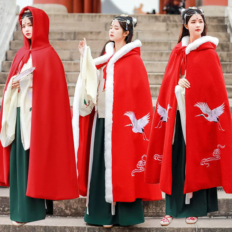 Осенний демисезон Hanfu, теплая куртка-плащ с капюшоном, увеличенная толщина, с вышивкой