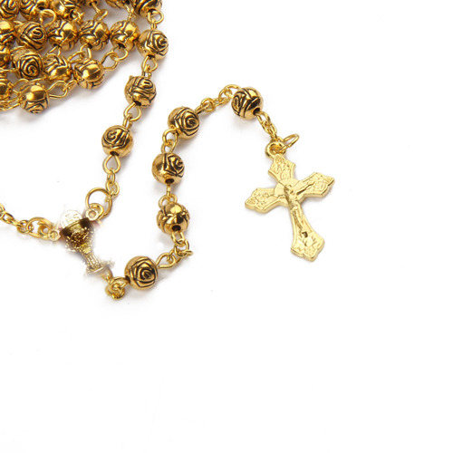 Vintage golden rose chalice Cross Rosary Necklace for women and men Metal Bead Catholic praying Rosary necklaces