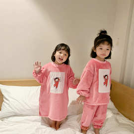 女童套装卡通法然绒超柔保暖家居服睡衣26冬装新款童装女孩裙子