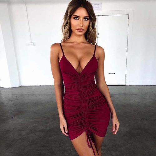 Women V-neck sling dresses stretch sexy nightclub bar party bag hip skirt tight-fitting pleated drawstring suspender dress