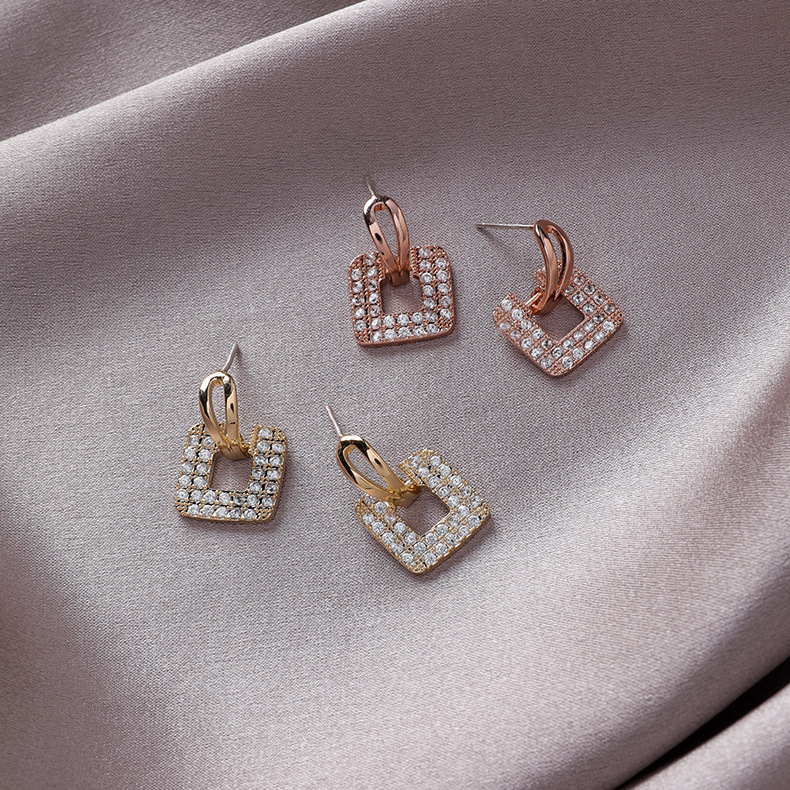 925 Silver Pin Fashion Short Micro-inlaid Zircon Square Earrings Small Wild Girl Temperament Earrings Popular New display picture 1