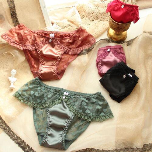 Winter New High-Elastic Satin Color Denim Women's Mid-Thigh Texture Heart-Shaped Mesh Triangle Panties
