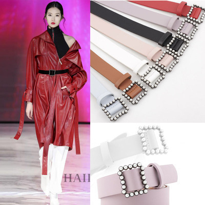 新款女百搭高檔配飾腰帶日字扣嵌珍珠方扣裝飾潮款大衣裙子皮帶女