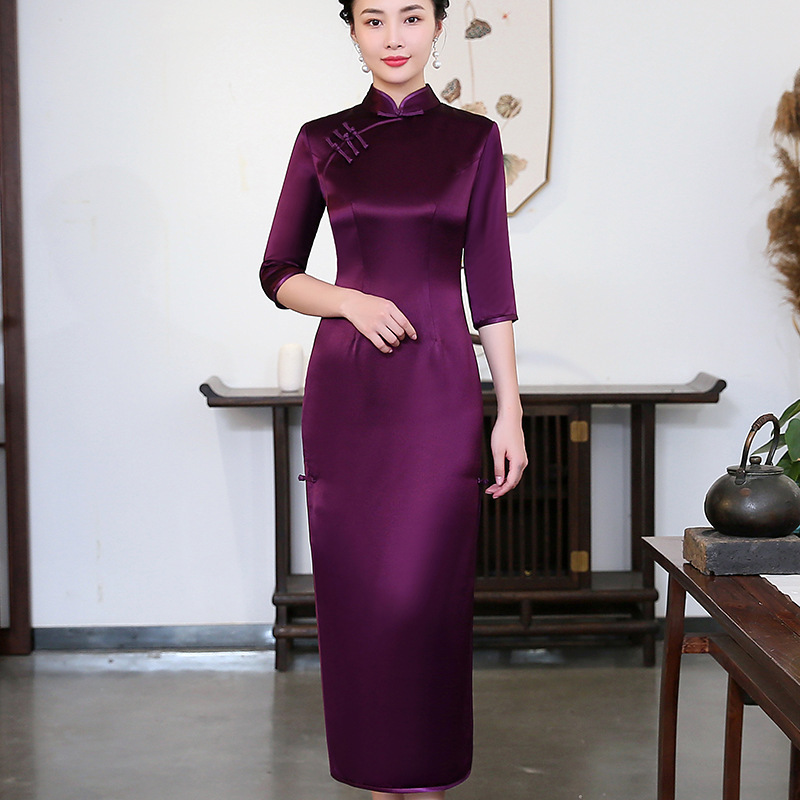 open lace back dress Purple Silk Cheongsam  Gold Trim with Auspicious Motifs