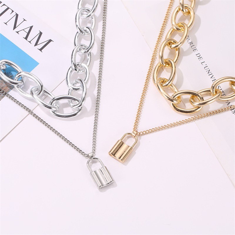 Retro Lock Necklace Punk Exaggerated Double Chain Necklace  Clavicle Chain Chain Wholesale Nihaojewelry display picture 3