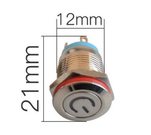 12MM Metal Button Flat Head Power Symbol LED Light Waterproof Self-Reset Button One-Touch Start Switch