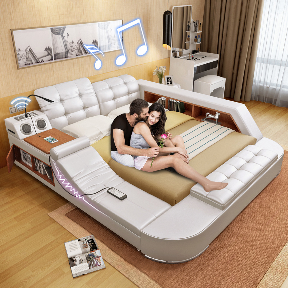 Large modern minimalist master bedroom with leather bed, tatami bed, massage multifunctional 1.8-meter double storage wedding bed