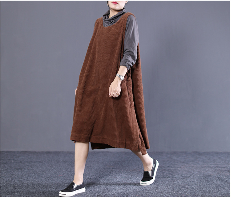 耳光秋装新款韩版宽松大码文艺净色中长款灯芯绒百搭背心连衣裙