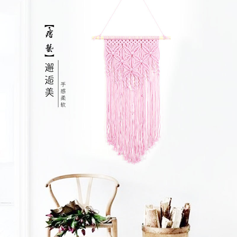 北歐風棉繩手工編織挂毯粉色蝴蝶圖案壁飾 波西米風手工裝飾牆飾