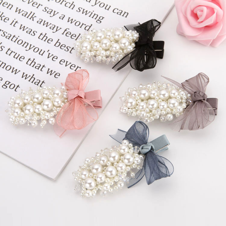 跨境ins日韩系甜美仿珍珠合金发夹缎带丝带蝴蝶结鸭嘴夹边夹发饰|ms