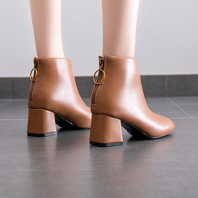 2020秋季方头短靴粗跟棉靴舒适学生后拉链短靴时尚高跟马丁靴外贸|ms