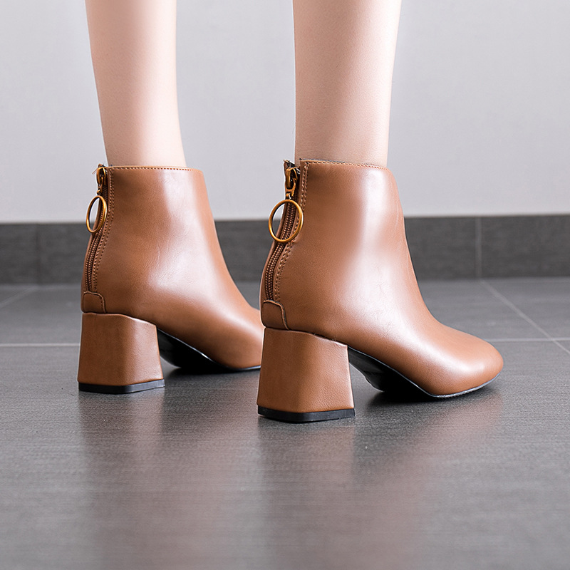 2020秋季方头短靴粗跟棉靴舒适学生后拉链短靴时尚高跟马丁靴外贸|ms