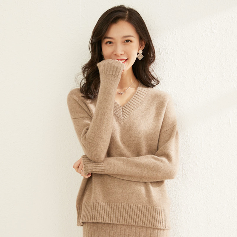 冬季新款羊绒衫女式100纯羊绒V领套头宽松长袖加厚打底秋冬毛衣|ms