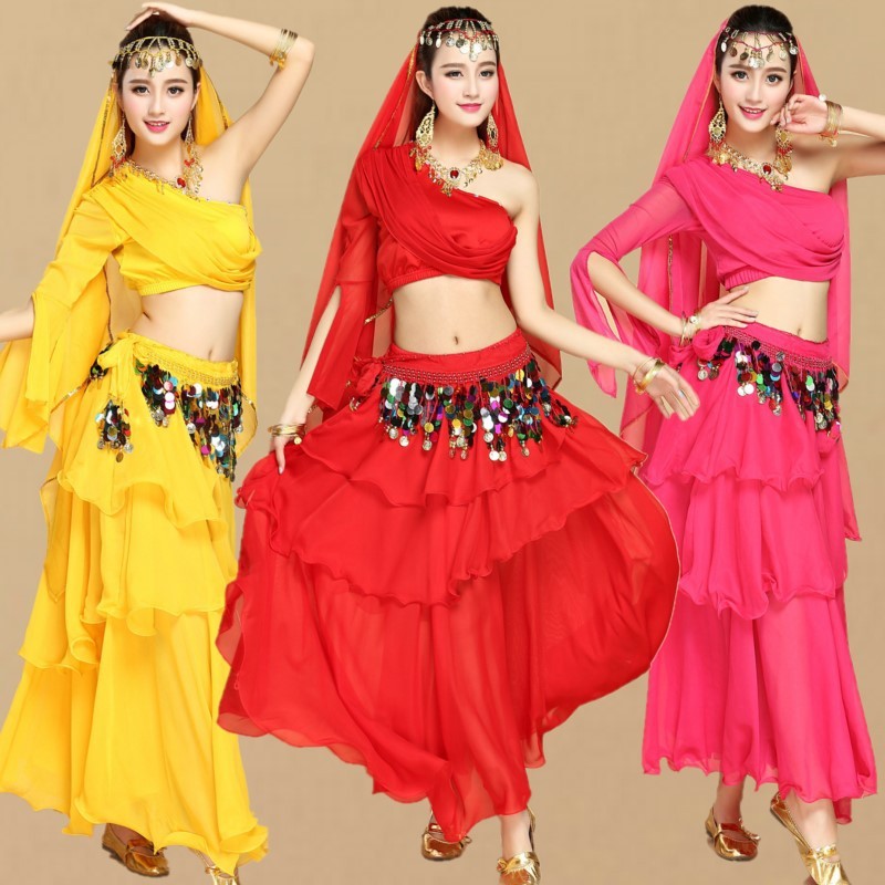 Indian dance costume stage performance costume high-end belly dance costume one-shoulder top cake skirt suit