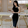 Black and white color matching thin knitted dress with hanging neck