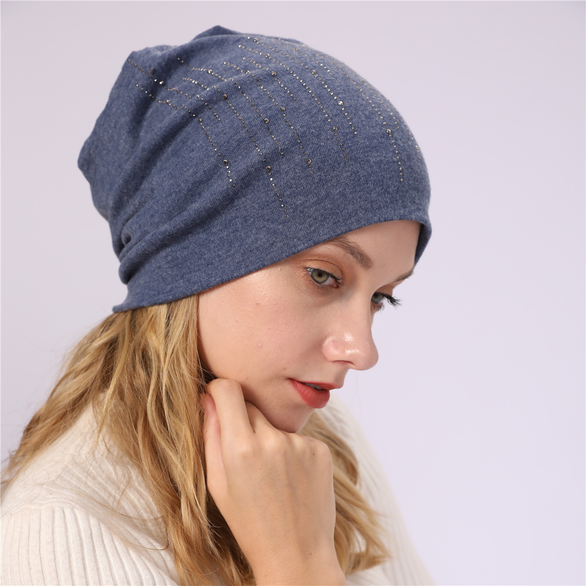 M965 nouveau automne/hiver Couple pull Double couche Imitation cachemire chaud diamant coton tissu chaud clair de lune chapeau_voghion.com