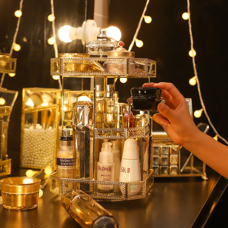 大号八边形旋转收纳架玻璃化妆品收纳盒非亚克力梳妆台整理置物架|ru