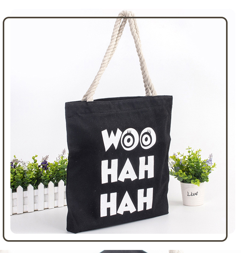 批量生产个性帆布麻绳黑色纯棉手提环保袋学生单肩包定制可印logo